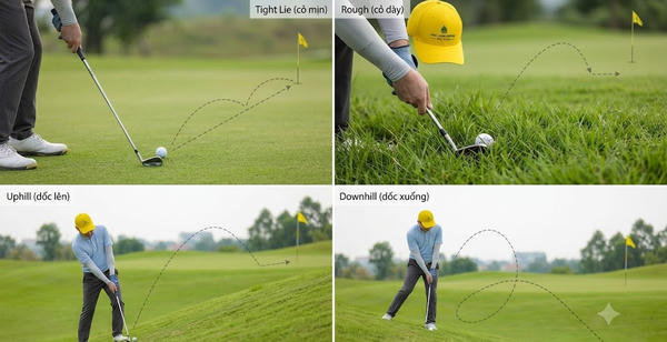 Đọc lie – địa hình – tốc độ green: Chipping từ cỏ mịn, rough và dốc lên/dốc xuống
